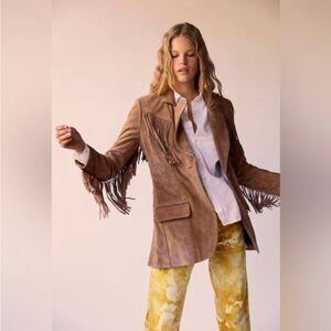 Free People Understated Leather Marlboro Fringe Blazer XS Tan Suede Western Boho